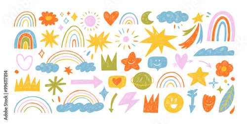Naive playful abstract doodle shapes sticker pack in childish style. Colored crayon drawn funky figures.