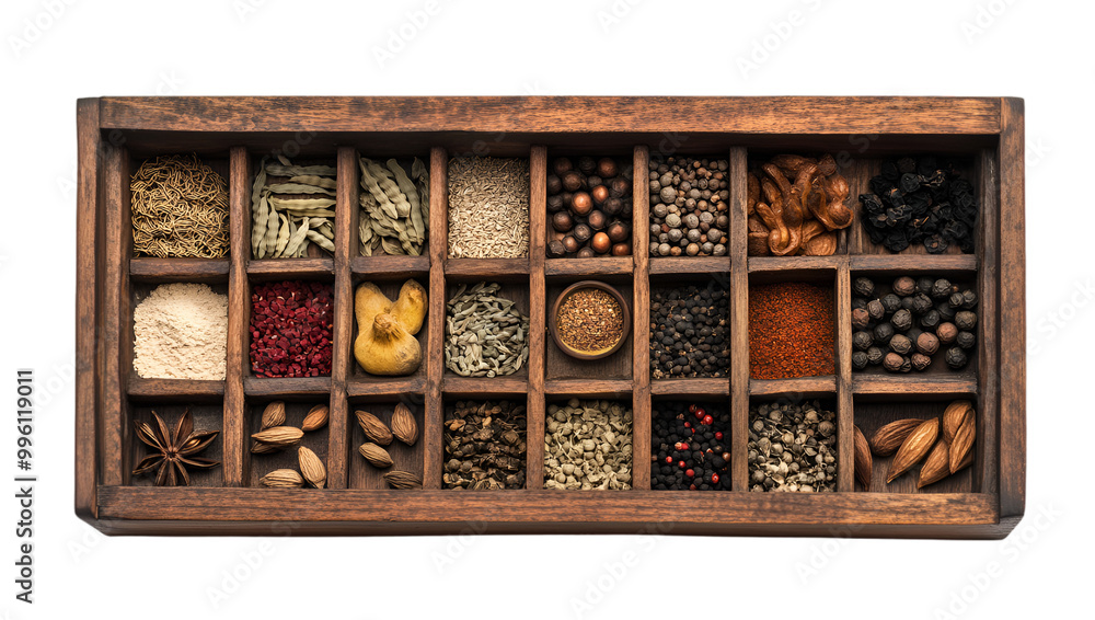 a wooden box with different spices. a wooden box with different spices.