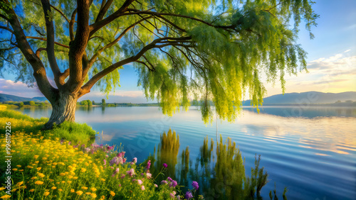 Serene image of a lone willow tree by a calm lake with wildflowers on the shore, branches touching the water's surface