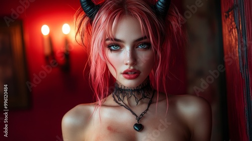 Dark Fantasy Demon Cosplay with Horns and Gothic Aesthetic in Red and Black