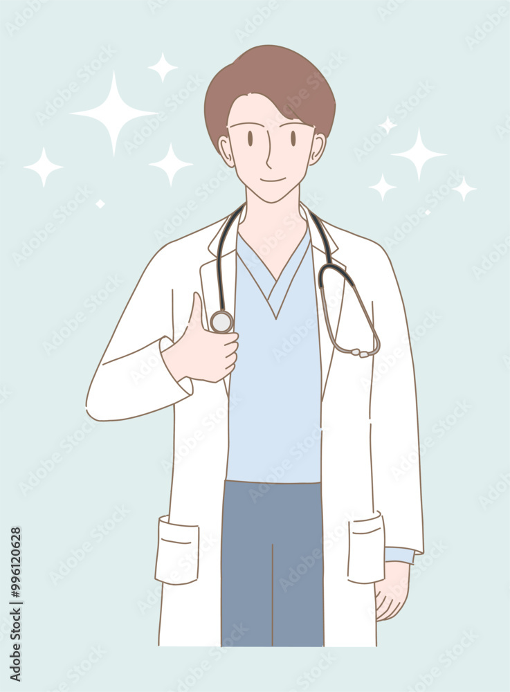 Happy doctor in uniform with stethoscope showing thumb up. Hand drawn flat cartoon character vector illustration.