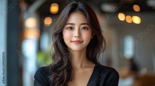 Portrait of a Beautiful Young Asian Woman with Long Black Hair and a Warm Smile