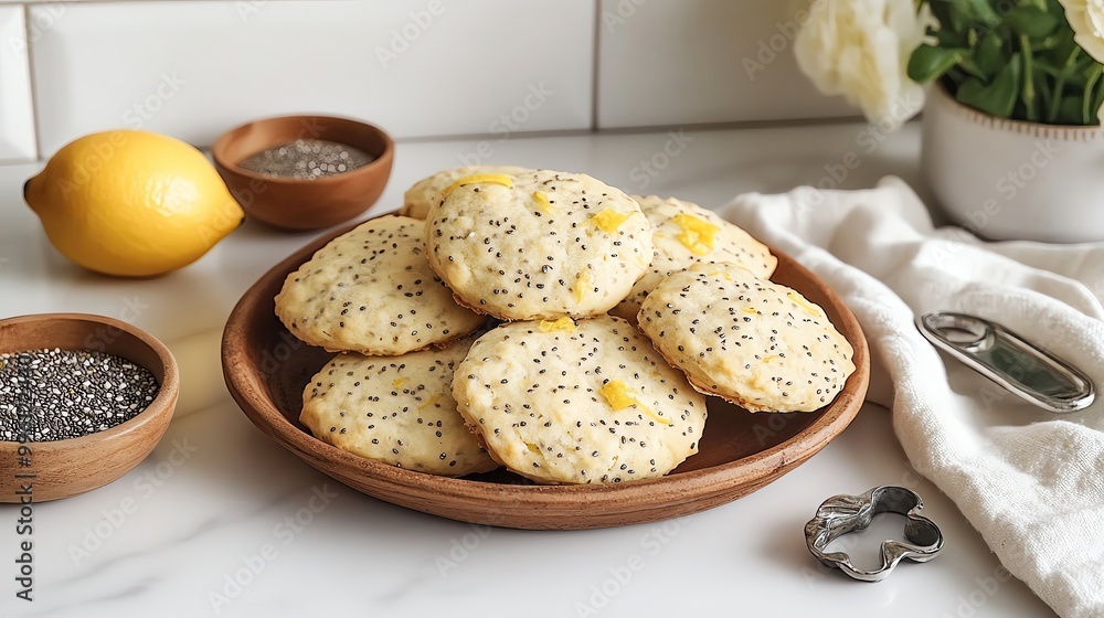 Delicious lemon poppy seed cookies displayed on a wooden plate, perfect for a sweet treat or dessert occasion. Delicious lemon poppy seed cookies displayed on a wooden plate, perfect for a sweet treat or dessert occasion.