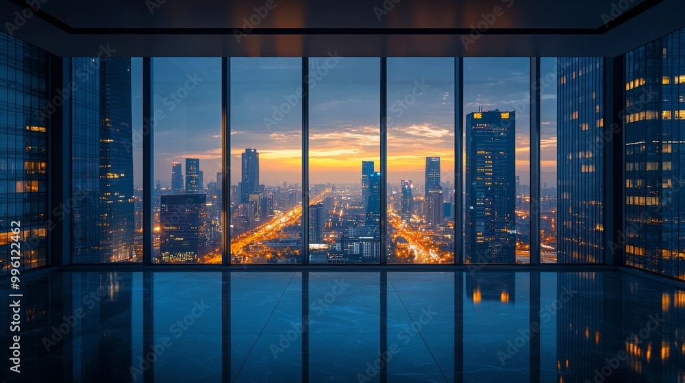 Obraz premium Panoramic view of modern city skyline at dusk from glass building