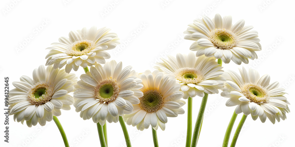 Fototapeta premium White gerberas on a white isolated background, white, gerberas, flowers, isolated, background, petals, beauty, purity
