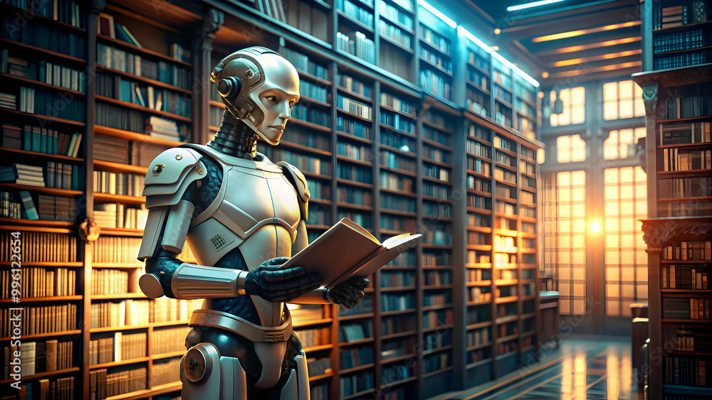 Robot reading books in cyberpunk style library setting with cinematic lighting, robot, library, reading Robot reading books in cyberpunk style library setting with cinematic lighting, robot, library, reading