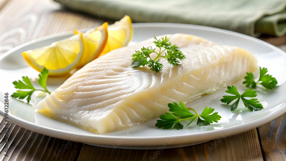 Close-up shot of fresh halibut fillet on a white plate, halibut, fillet, fish, seafood, fresh, close-up, delicious, white plate Close-up shot of fresh halibut fillet on a white plate, halibut, fillet, fish, seafood, fresh, close-up, delicious, white plate