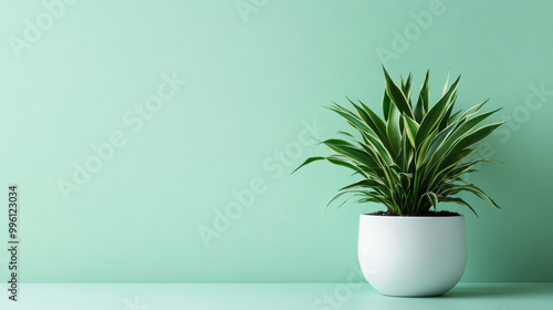 house plant in white pot adds touch of nature to pale green background, creating serene and refreshing atmosphere. This vibrant plant enhances decor beautifully