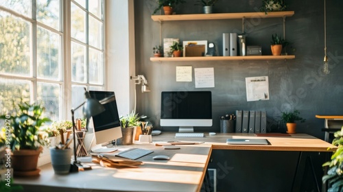 A bright, modern office with two desks, computers, and shelves. The minimalist design features a gray wall and sunlight streaming in. It's a perfect example of a business workspace.