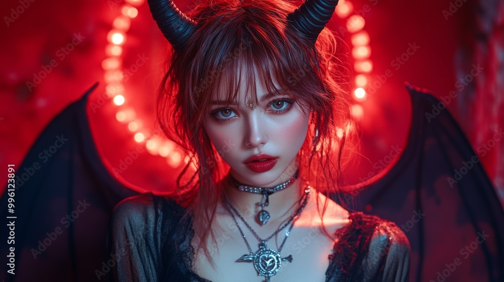 Dark Fantasy Demon Cosplay with Horns and Gothic Aesthetic in Red and Black Dark Fantasy Demon Cosplay with Horns and Gothic Aesthetic in Red and Black