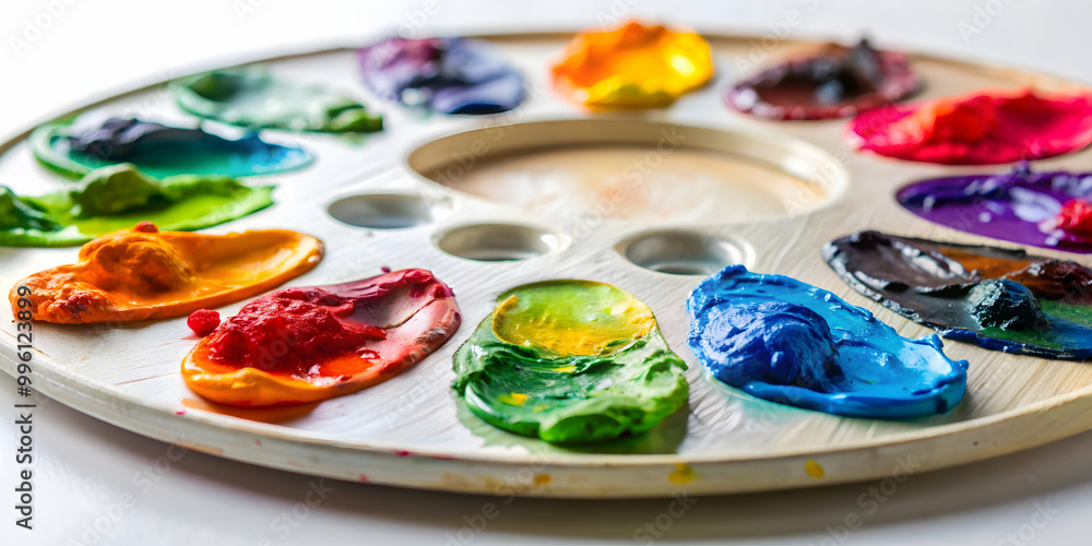 Close-up of artist's palette with acrylic paint colors being applied on a white canvas, painting, palette, artist, acrylic Close-up of artist's palette with acrylic paint colors being applied on a white canvas, painting, palette, artist, acrylic