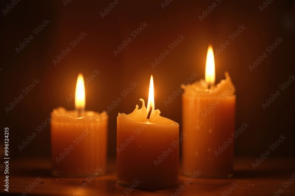 Three glowing candles creating a warm atmosphere in a cozy home setting Three glowing candles creating a warm atmosphere in a cozy home setting