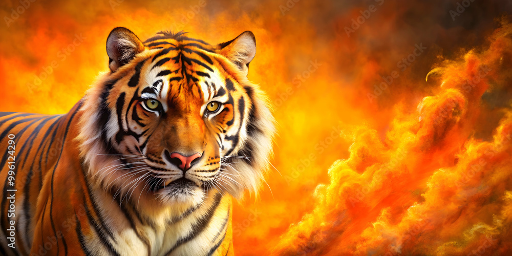 Naklejka premium Fierce tiger painting with fiery orange background depicting danger and power, tiger, painting, fierce, aggressive, stance, eyes