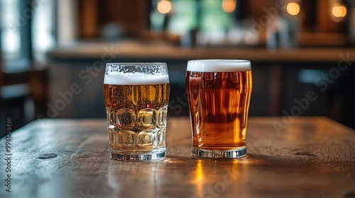 Two glasses of beer sit on a wooden table, showcasing different colors and textures, perfect for beverage lovers and pub scenes.