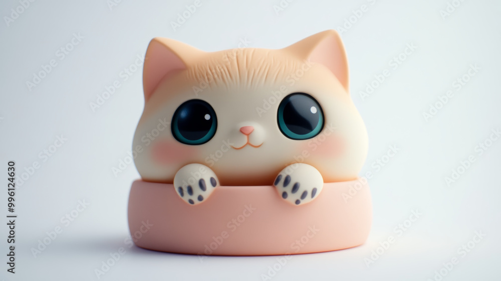 cute miniature 3D figure of cat peeking over rim of round container, featuring large expressive eyes and soft pastel color palette. This adorable design evokes sense of joy and playfulness cute miniature 3D figure of cat peeking over rim of round container, featuring large expressive eyes and soft pastel color palette. This adorable design evokes sense of joy and playfulness