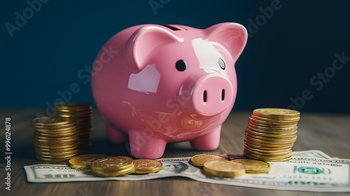 Piggy bank with coins and cash nearby