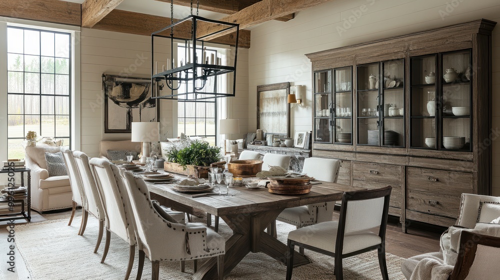 Rustic Farmhouse Dining Room with Wooden Beams and a Chandelier Rustic Farmhouse Dining Room with Wooden Beams and a Chandelier