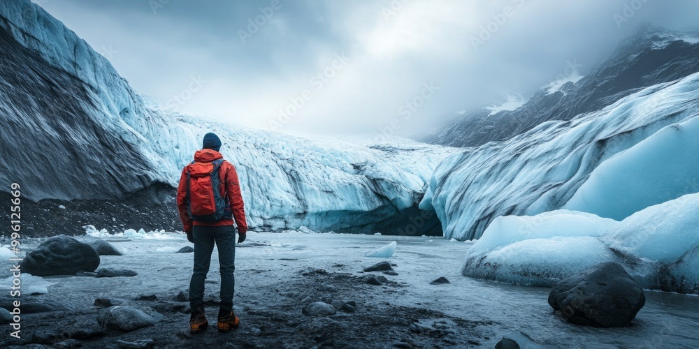 Obraz premium A lone adventurer stands in awe before a majestic glacier. The scene captures the beauty of nature and the thrill of exploration. Ideal for travel enthusiasts and outdoor lovers. AI