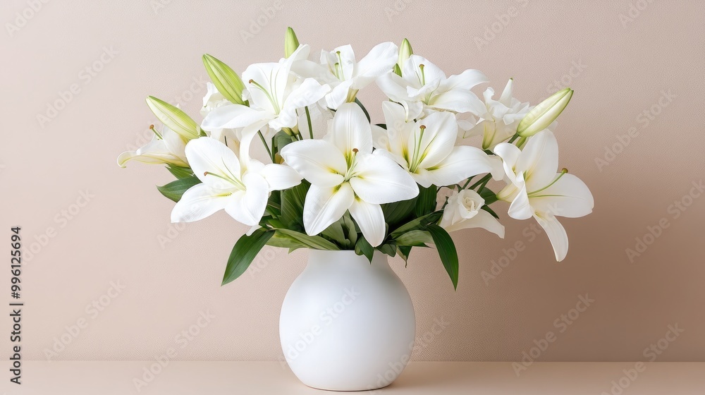 A beautiful arrangement of white lilies in a simple white vase against a soft beige background, exuding elegance and freshness. A beautiful arrangement of white lilies in a simple white vase against a soft beige background, exuding elegance and freshness.