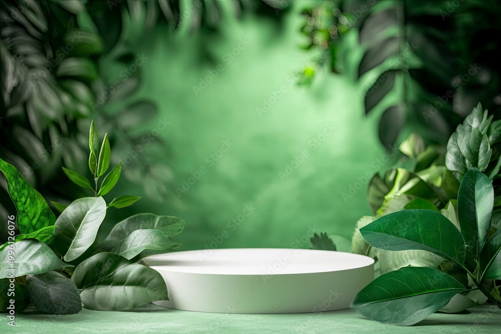 Product podium with leaves and green plants background with generative ai Product podium with leaves and green plants background with generative ai