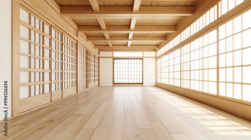 A clean, white, and empty wooden room. This is a 3D image of a Japanese-style room interior. A clean, white, and empty wooden room. This is a 3D image of a Japanese-style room interior.