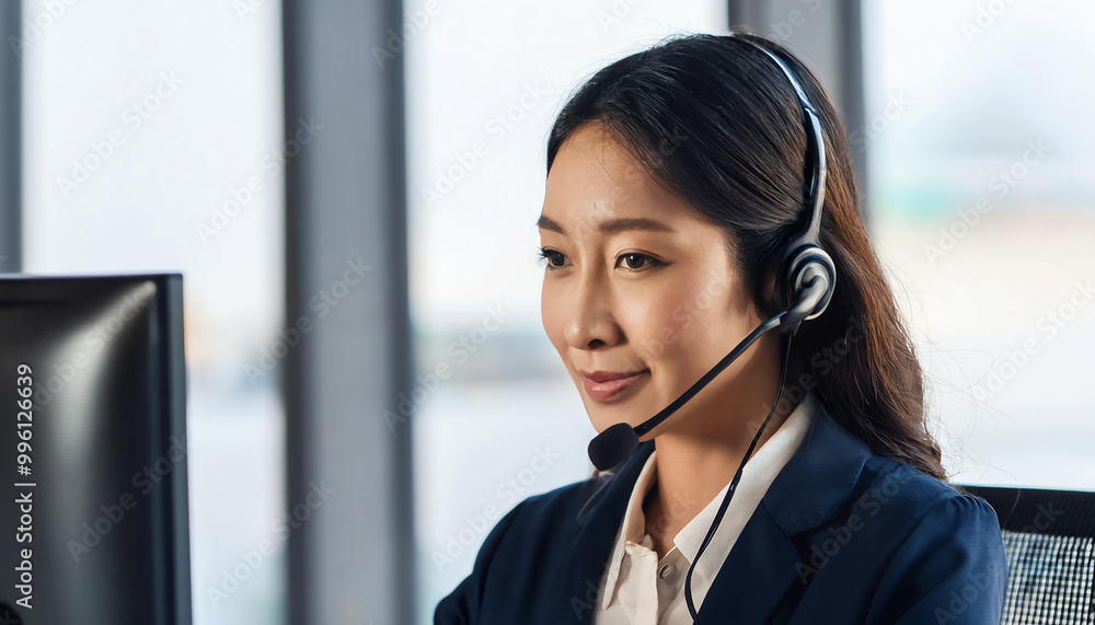 Professional woman with headset at a computer desk, focused on work. Professional woman with headset at a computer desk, focused on work.