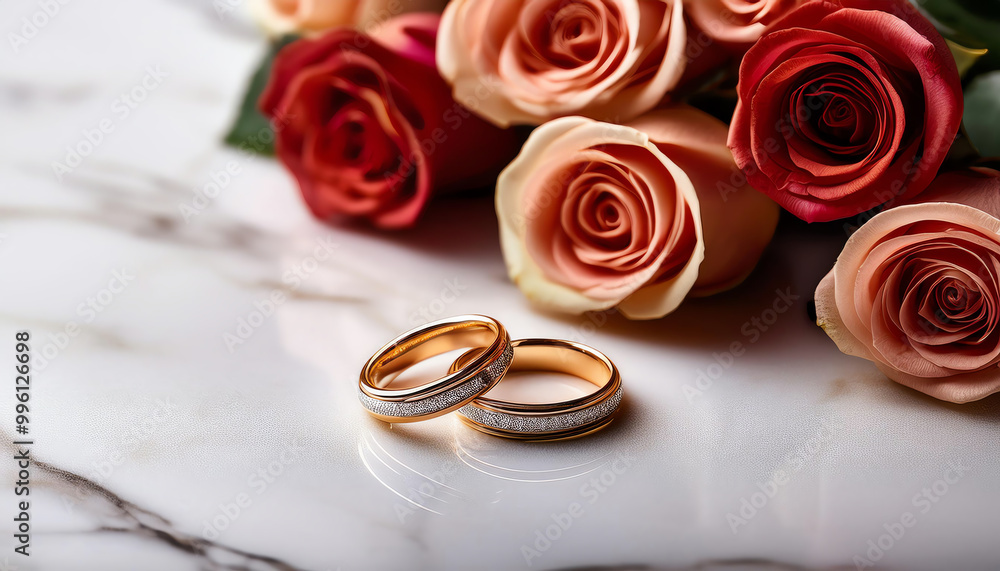 Elegant wedding rings beside beautiful roses on a marble surface. Elegant wedding rings beside beautiful roses on a marble surface.
