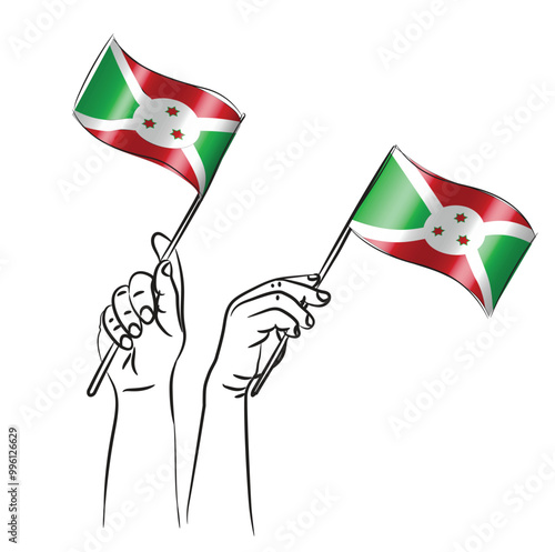 Scalable and editable eps vector Outline line stroke contour art of hands holding national waving flag of Burundi