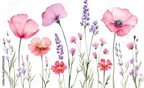Set of pink and purple wildflowers, watercolor clipart with a white background.