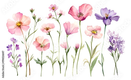 Wallpaper Mural Set of pink and purple wildflowers, watercolor clipart with a white background. Torontodigital.ca