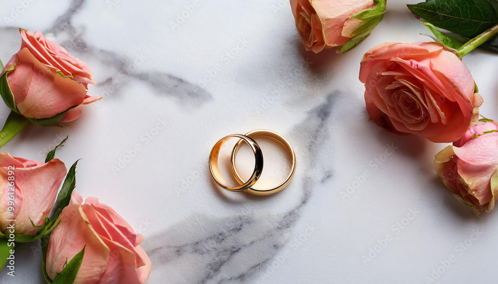 Two wedding rings with pink roses on a marble surface, elegant wedding concept. Two wedding rings with pink roses on a marble surface, elegant wedding concept.