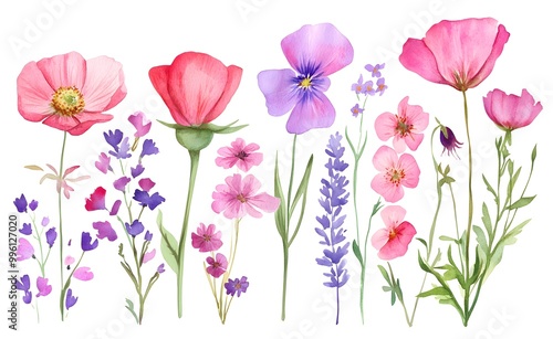 Wallpaper Mural Set of pink and purple wildflowers, watercolor clipart with a white background. Torontodigital.ca