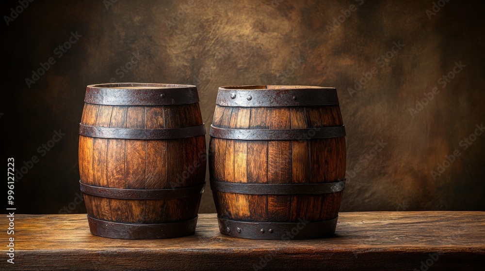 Two rustic wooden barrels on a wooden table against a brown background. Two rustic wooden barrels on a wooden table against a brown background.