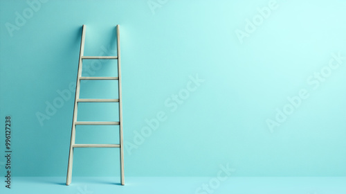 minimalist ladder leaning against soft blue wall creates serene and modern atmosphere. simplicity of design emphasizes beauty of minimalism