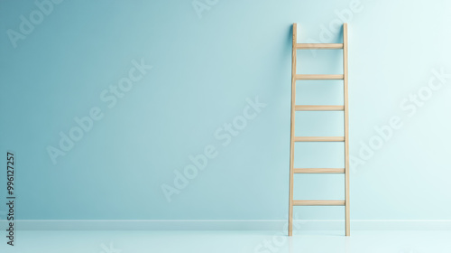 minimalist ladder leaning against soft blue wall creates serene and modern atmosphere. This simple design element adds touch of elegance to any space