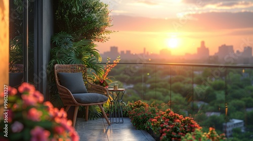 Fototapeta Naklejka Na Ścianę i Meble -  Enjoy a peaceful moment on a charming balcony adorned with vibrant flowers as the sun sets, casting a warm glow over the city skyline