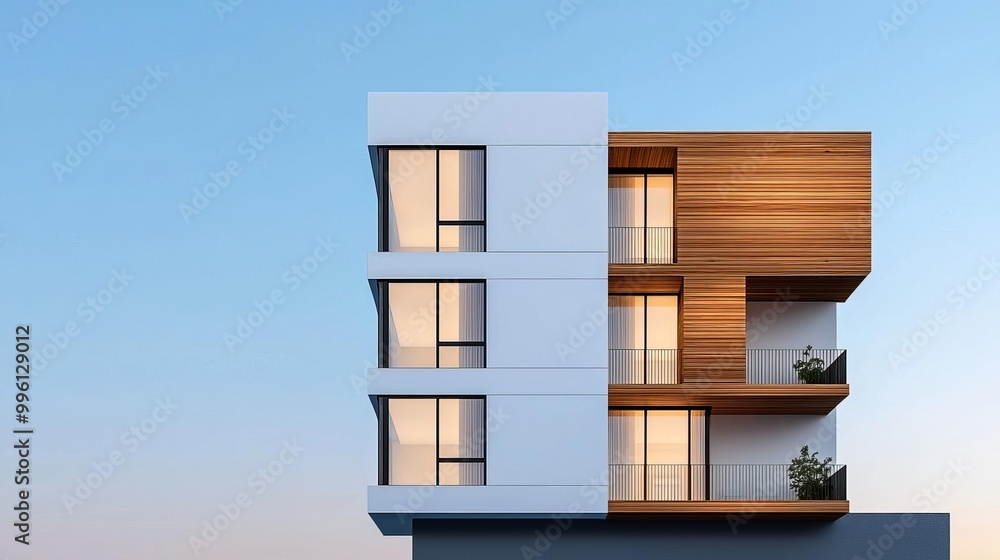 3D building model with sleek white facades and elegant wooden textures incorporated into the design 3D building model with sleek white facades and elegant wooden textures incorporated into the design