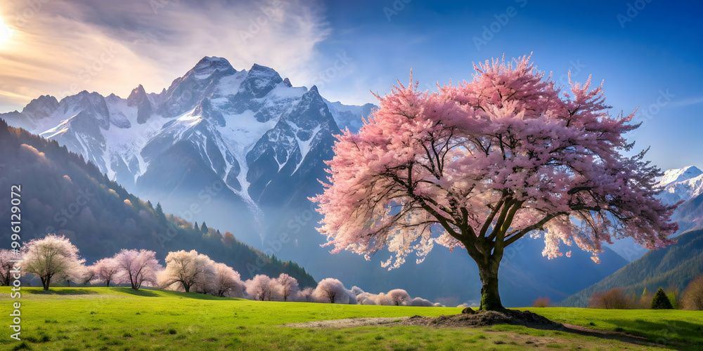 Breathtaking image of a blossoming cherry tree amidst majestic mountains, cherry tree, blossoming, mountains, nature Breathtaking image of a blossoming cherry tree amidst majestic mountains, cherry tree, blossoming, mountains, nature