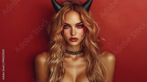 Wallpaper Mural Dark Fantasy Demon Cosplay with Horns and Gothic Aesthetic in Red and Black Torontodigital.ca