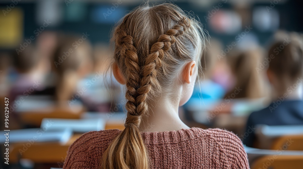 A girl with braided hair sits at her desk, fully engaged in a classroom environment, surrounded by fellow students ready to learn A girl with braided hair sits at her desk, fully engaged in a classroom environment, surrounded by fellow students ready to learn