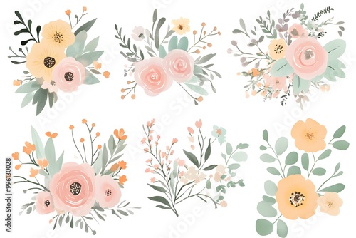Wallpaper Mural Set of watercolor floral bouquets, pastel color illustration vector isolated on white background Torontodigital.ca