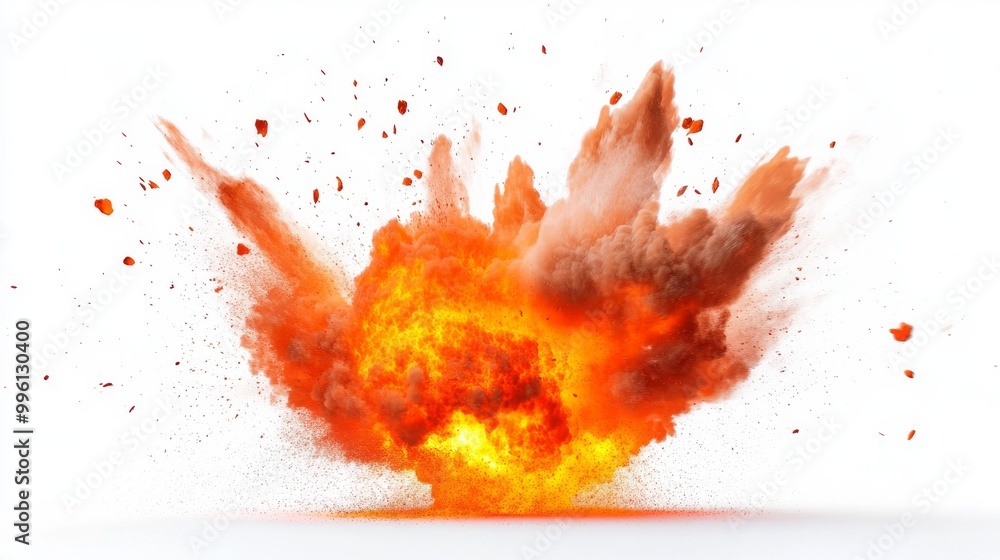 A fiery explosion bursts forth, isolated against a stark white backdrop. A fiery explosion bursts forth, isolated against a stark white backdrop.
