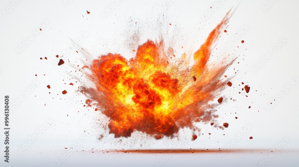 A fiery explosion bursts forth, isolated against a stark white backdrop. A fiery explosion bursts forth, isolated against a stark white backdrop.