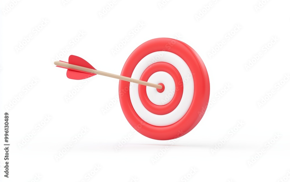 White arrow hit the center of the red target 3d icon cartoon style floating isolated on white background White arrow hit the center of the red target 3d icon cartoon style floating isolated on white background