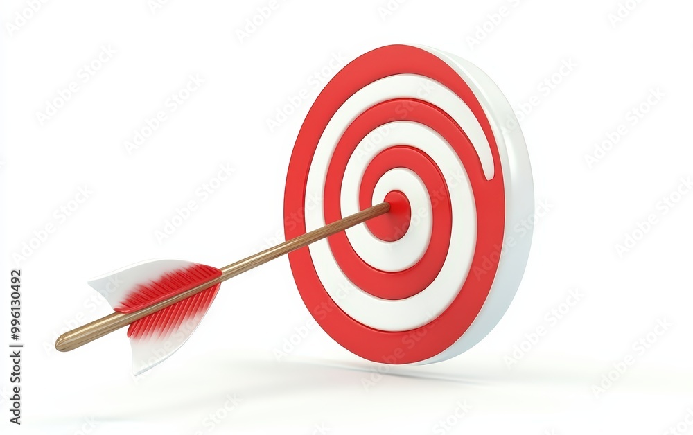 White arrow hit the center of the red target 3d icon cartoon style floating isolated on white background White arrow hit the center of the red target 3d icon cartoon style floating isolated on white background