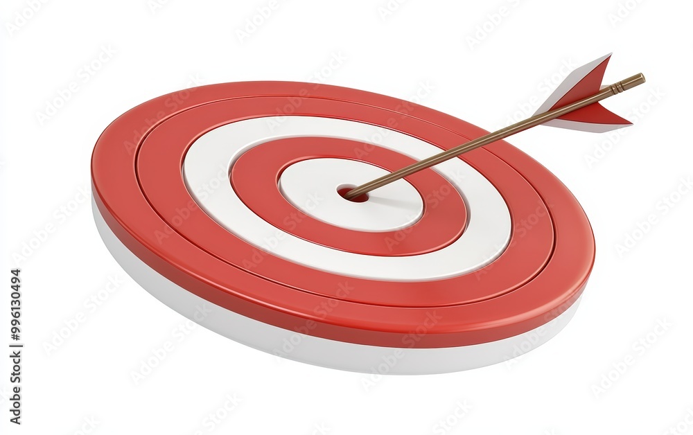 White arrow hit the center of the red target 3d icon cartoon style floating isolated on white background White arrow hit the center of the red target 3d icon cartoon style floating isolated on white background