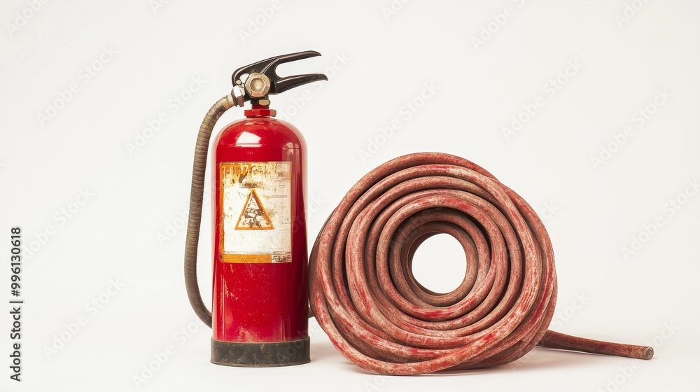 A fire extinguisher and a fire hose are shown against a white background.