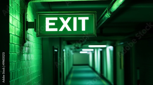 A green fire exit sign hangs from the ceiling. You can see the front of the sign.