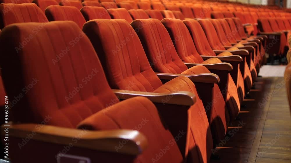 row of empty spectator chairs with raised seats in an empty auditorium row of empty spectator chairs with raised seats in an empty auditorium
