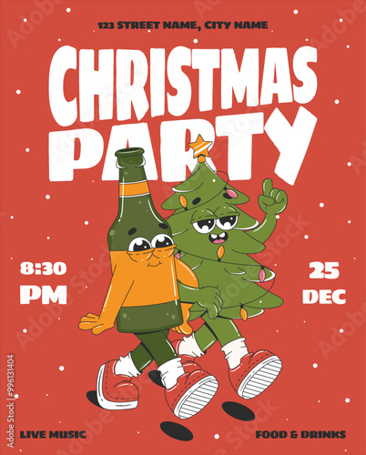 Christmas Party invitation with cute cartoon characters. Design template in retro groovy style. Vector illustration for party flyer, greeting card. 